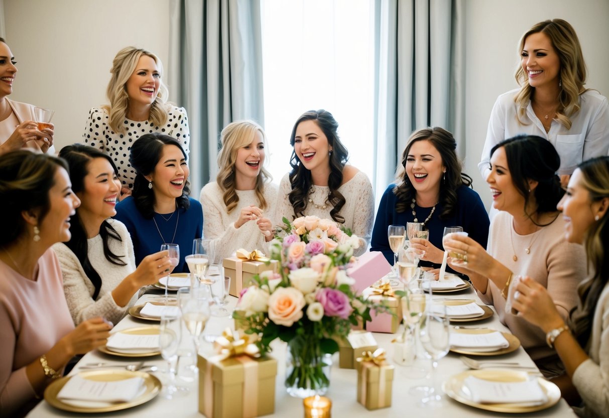A group of women gather around a table adorned with flowers, gifts, and elegant place settings. Laughter and chatter fill the air as they celebrate a bride-to-be