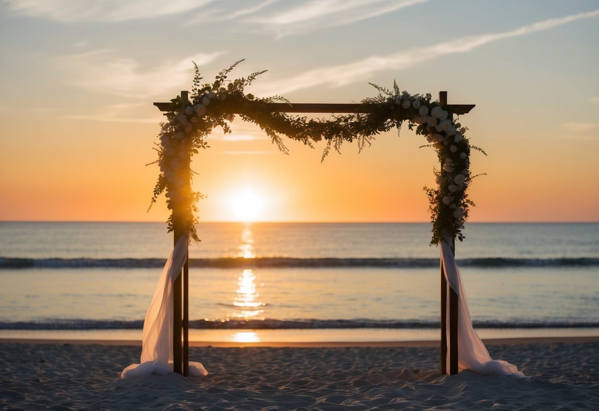 A sun setting behind a silhouetted wedding arch on a serene beach