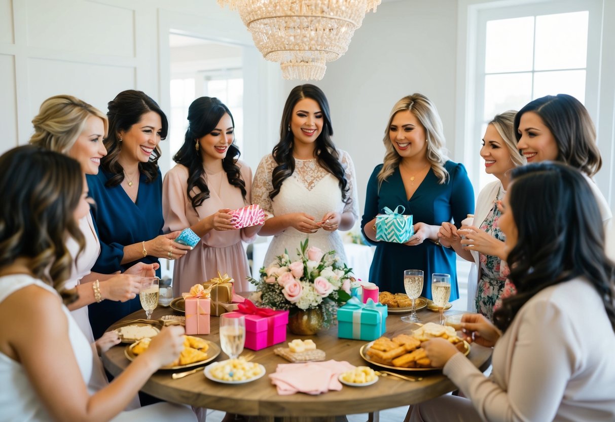 A group of women gather for a bridal shower, participating in various activities such as games, gift opening, and refreshments