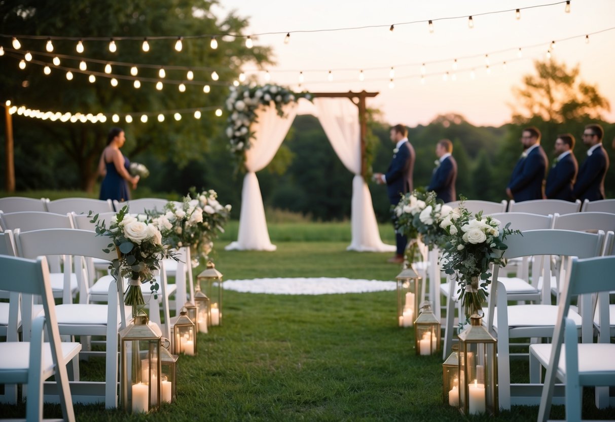 A serene outdoor wedding ceremony at dusk with string lights and floral decorations