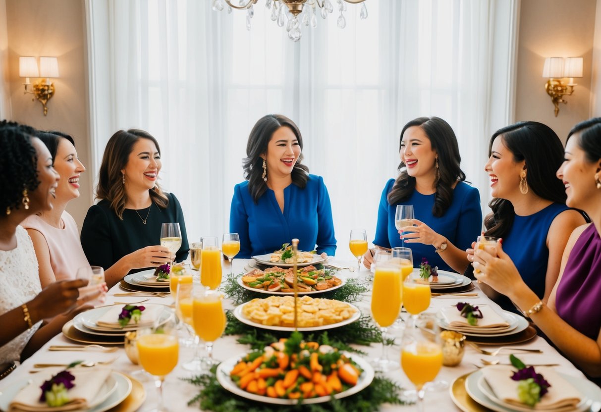 A table set with elegant decorations and a spread of food and drinks, surrounded by a group of women engaged in lively conversation and laughter