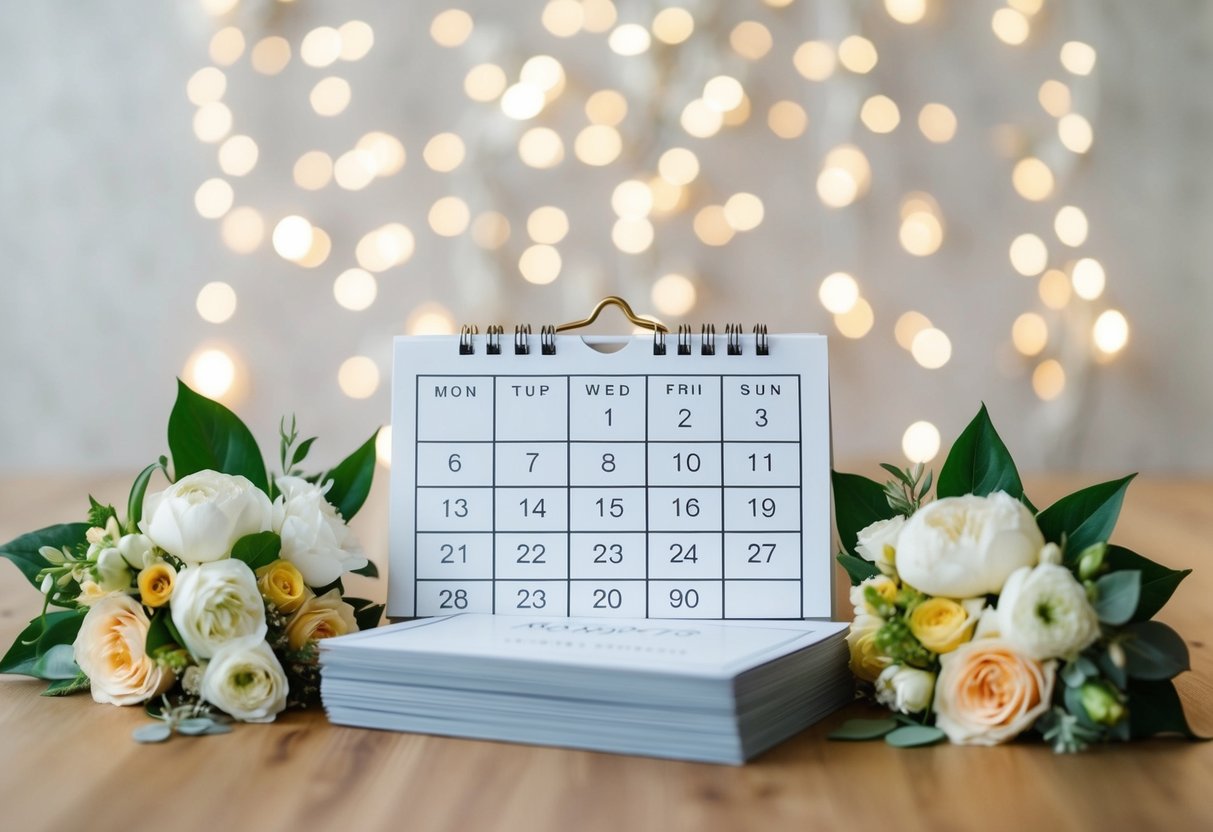A calendar with a wedding date six months away, surrounded by floral decorations and a stack of elegant invitations