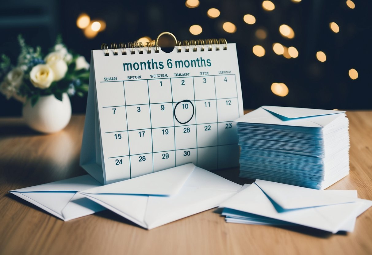 A calendar with the date six months before the wedding circled, surrounded by envelopes and a stack of invitation cards