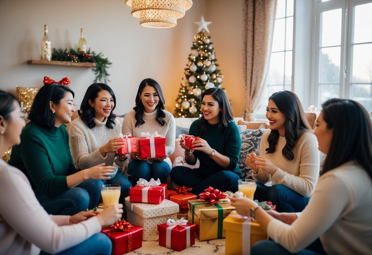 A group of women gather in a decorated space, sharing gifts and playing games. They enjoy refreshments and conversation for a few hours