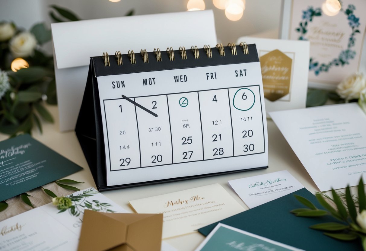 A calendar with the current date crossed out and the date six months in the future circled, surrounded by various wedding invitation designs and materials