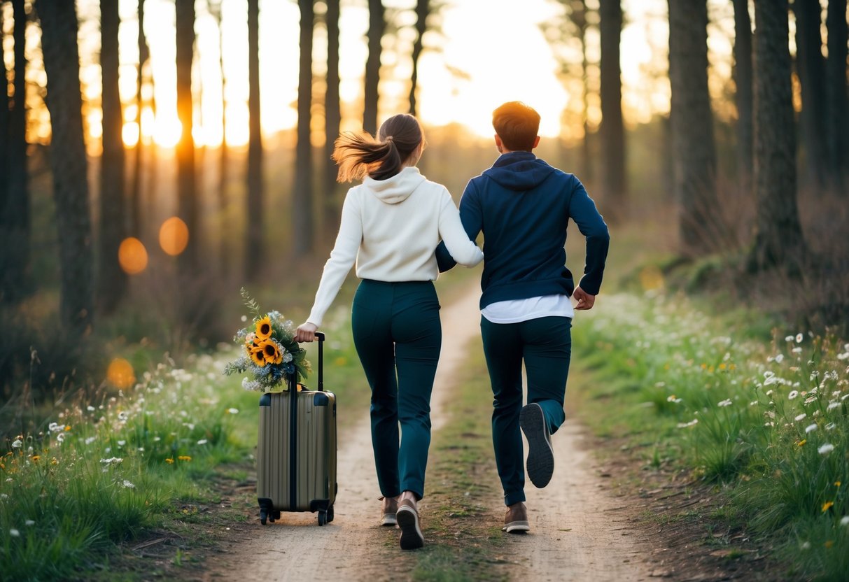 A couple running through a forest path at sunset, with a small suitcase and a bouquet of wildflowers