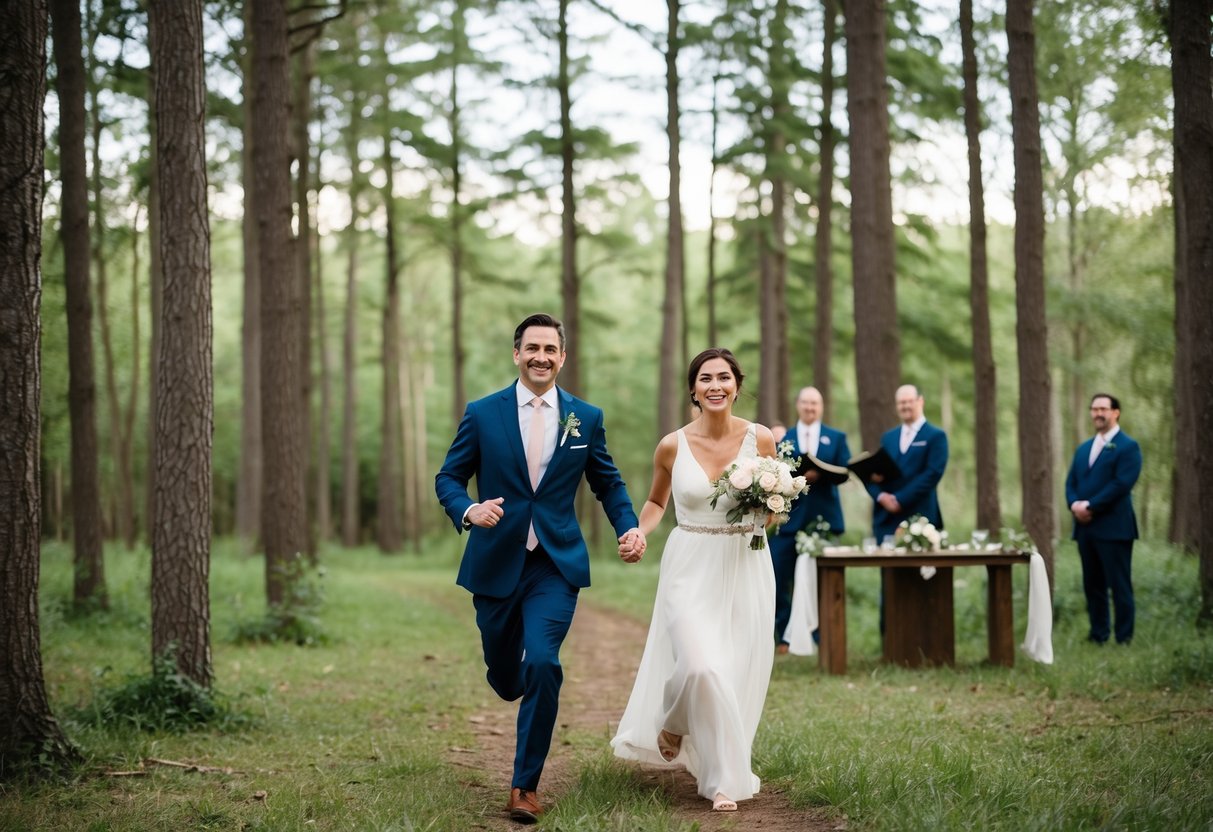 A couple running through a forest, holding hands and smiling, with a small, intimate ceremony set up in a clearing