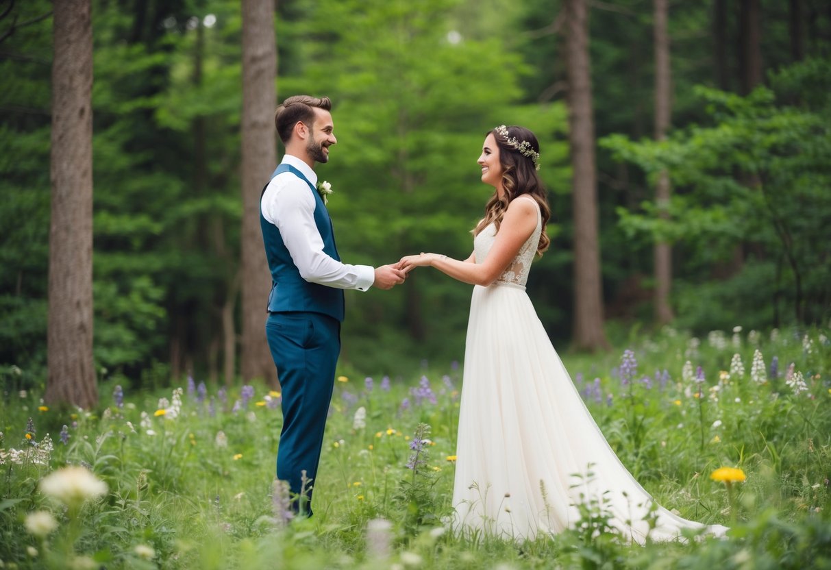 A couple exchanging vows in a secluded forest clearing, surrounded by lush greenery and blooming wildflowers