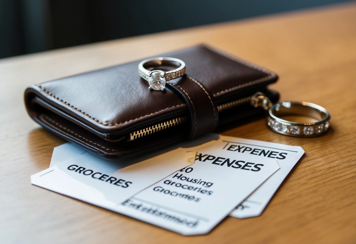 A wedding ring and a single person's wallet on a table, with price tags for various expenses like housing, groceries, and entertainment