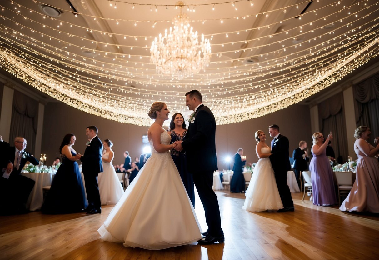 A dimly lit ballroom with couples swaying to soft music under a canopy of twinkling lights