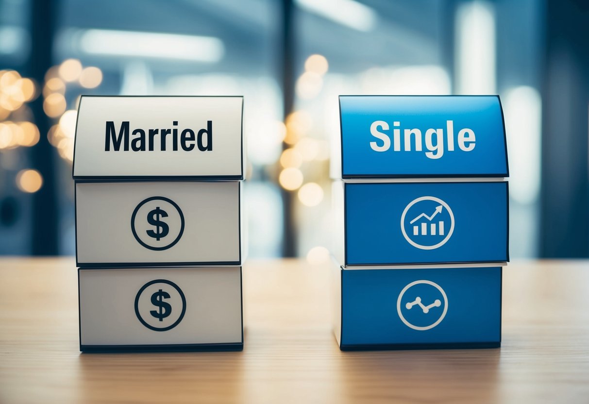 A table with two columns labeled "Married" and "Single," each filled with various financial symbols and charts