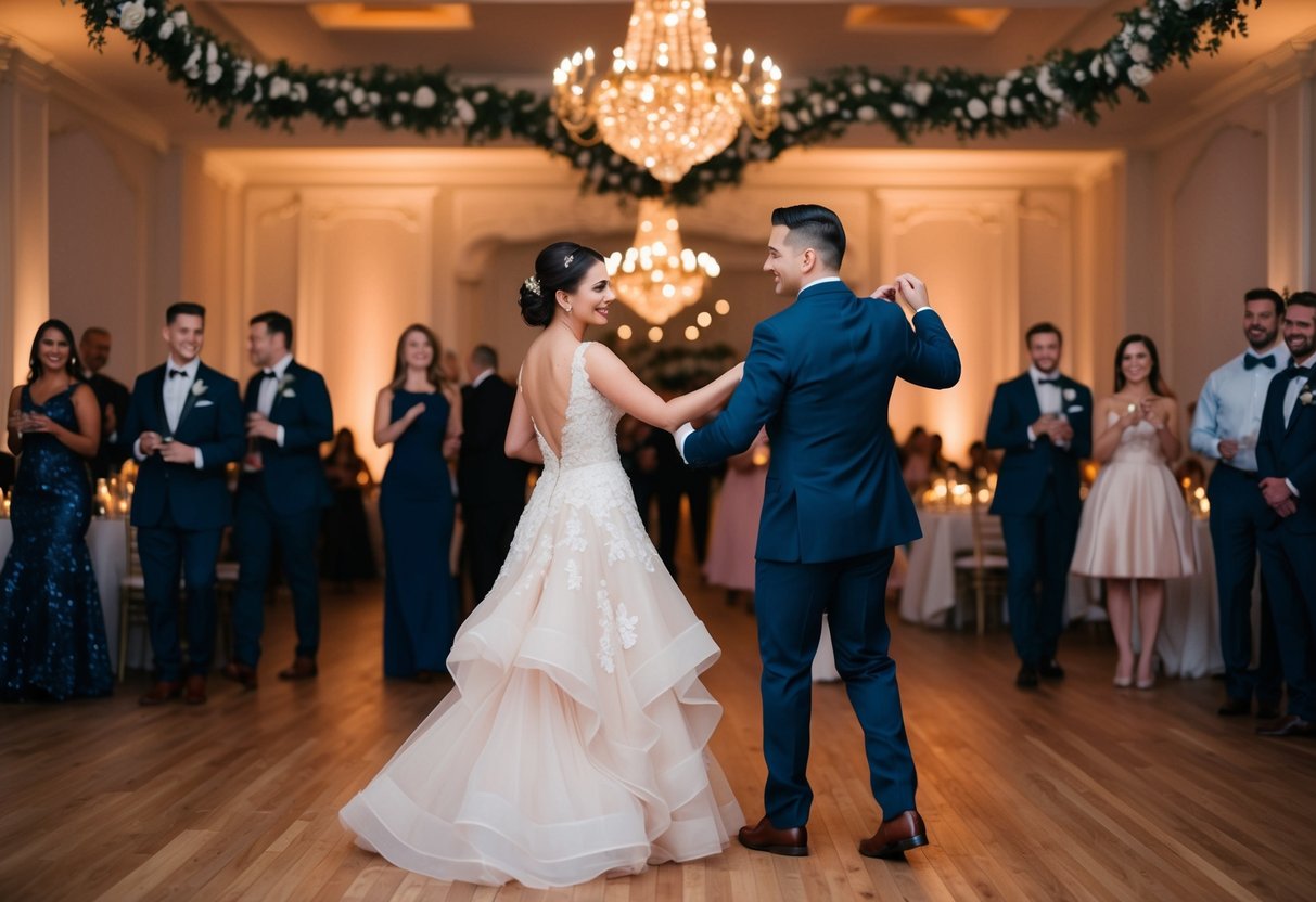 A dimly lit ballroom with couples swaying to a romantic melody, surrounded by soft candlelight and floral decorations