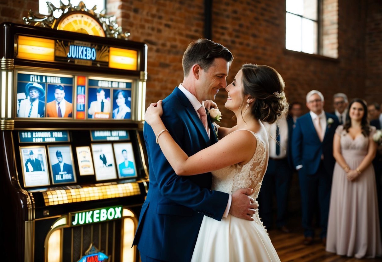 A couple dances to a slow song at their wedding, surrounded by iconic artists and tracks displayed on a vintage jukebox