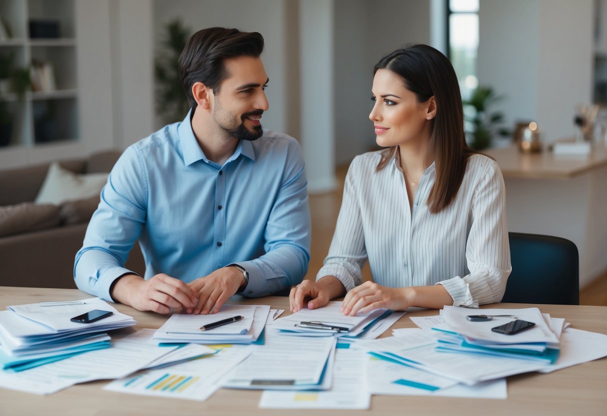 A couple sitting at a table, surrounded by bills and financial documents. They appear to be discussing and comparing their financial situation