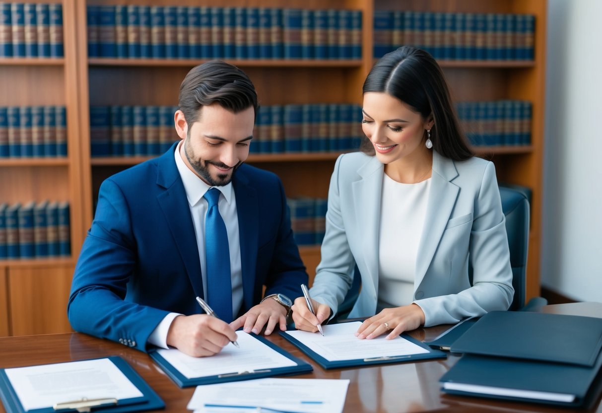 A couple signing legal documents in a lawyer's office, surrounded by shelves of law books and a desk with paperwork