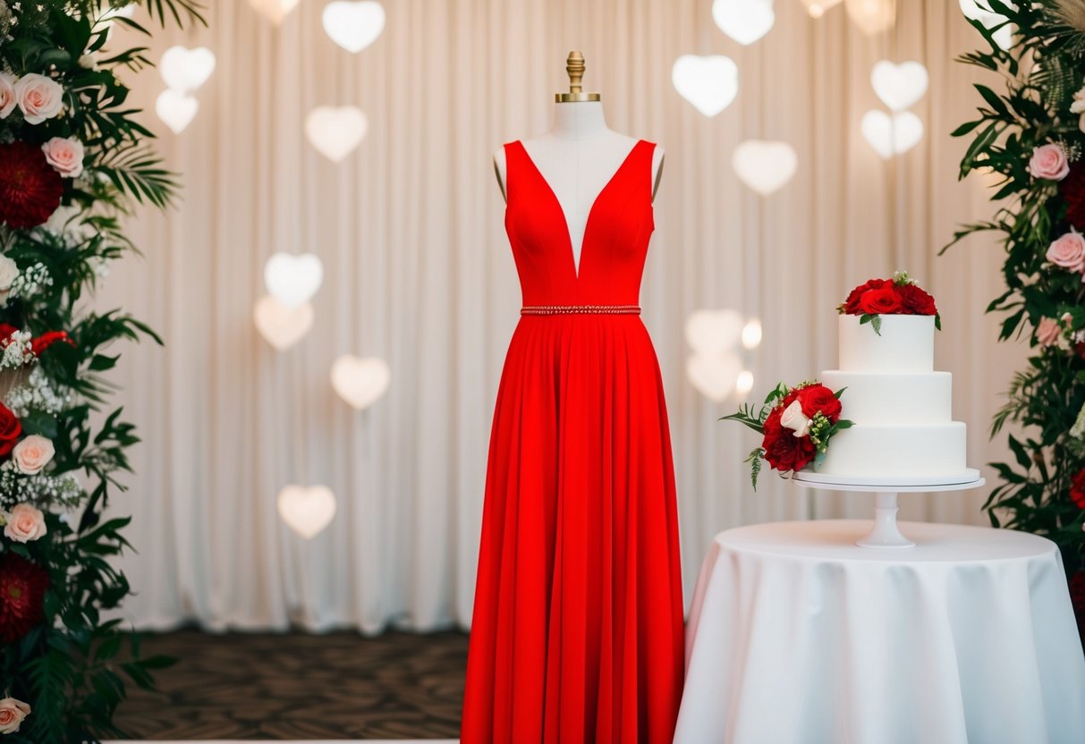 A vibrant red dress stands out against a backdrop of elegant wedding decor, with flowers, and a white wedding cake
