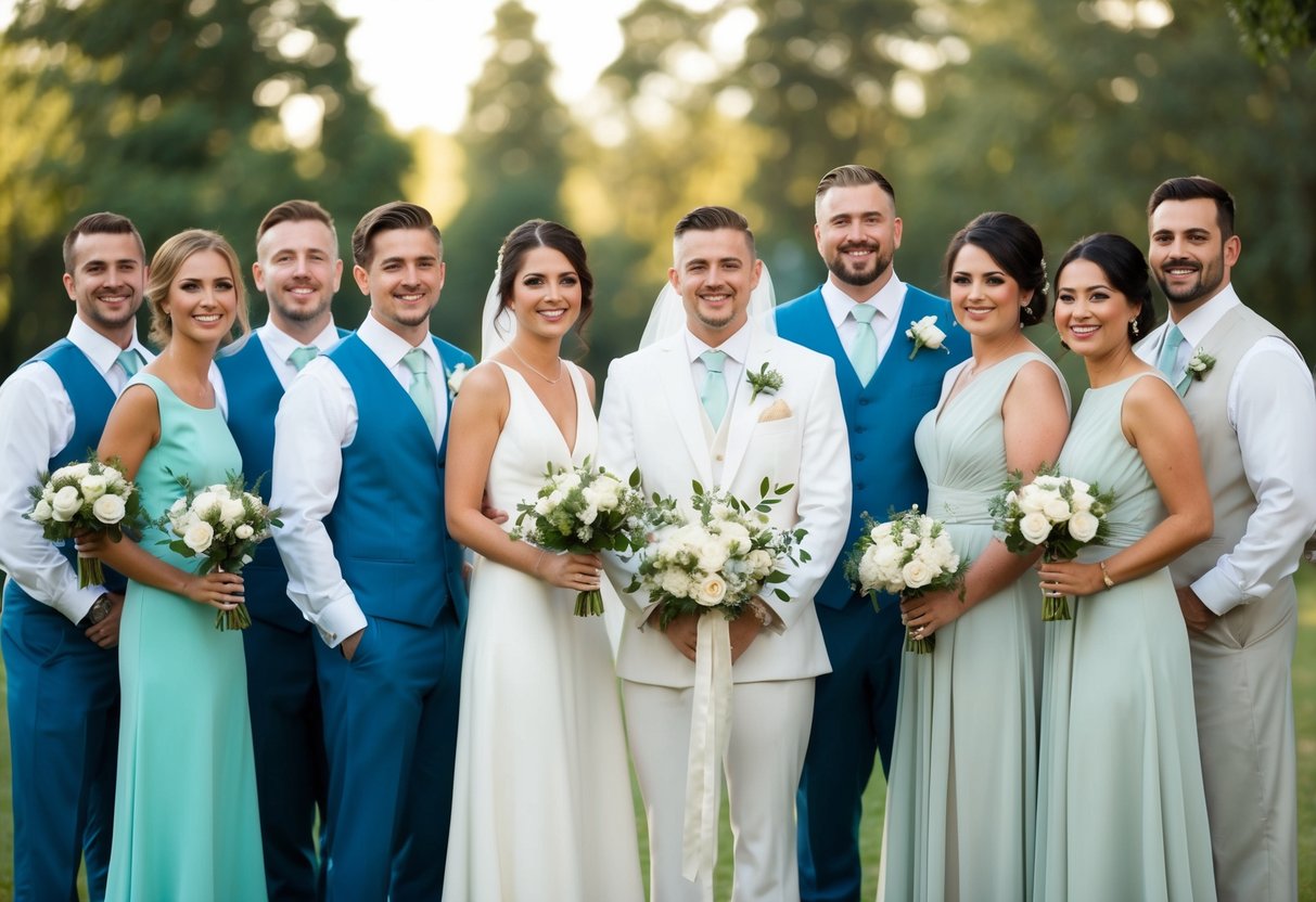 A group of people in matching wedding attire, with one person wearing the same color as the wedding party