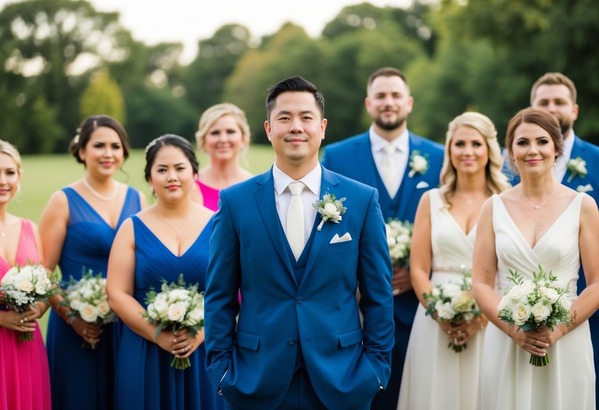 A wedding guest in the same color as the wedding party, standing out awkwardly among the group