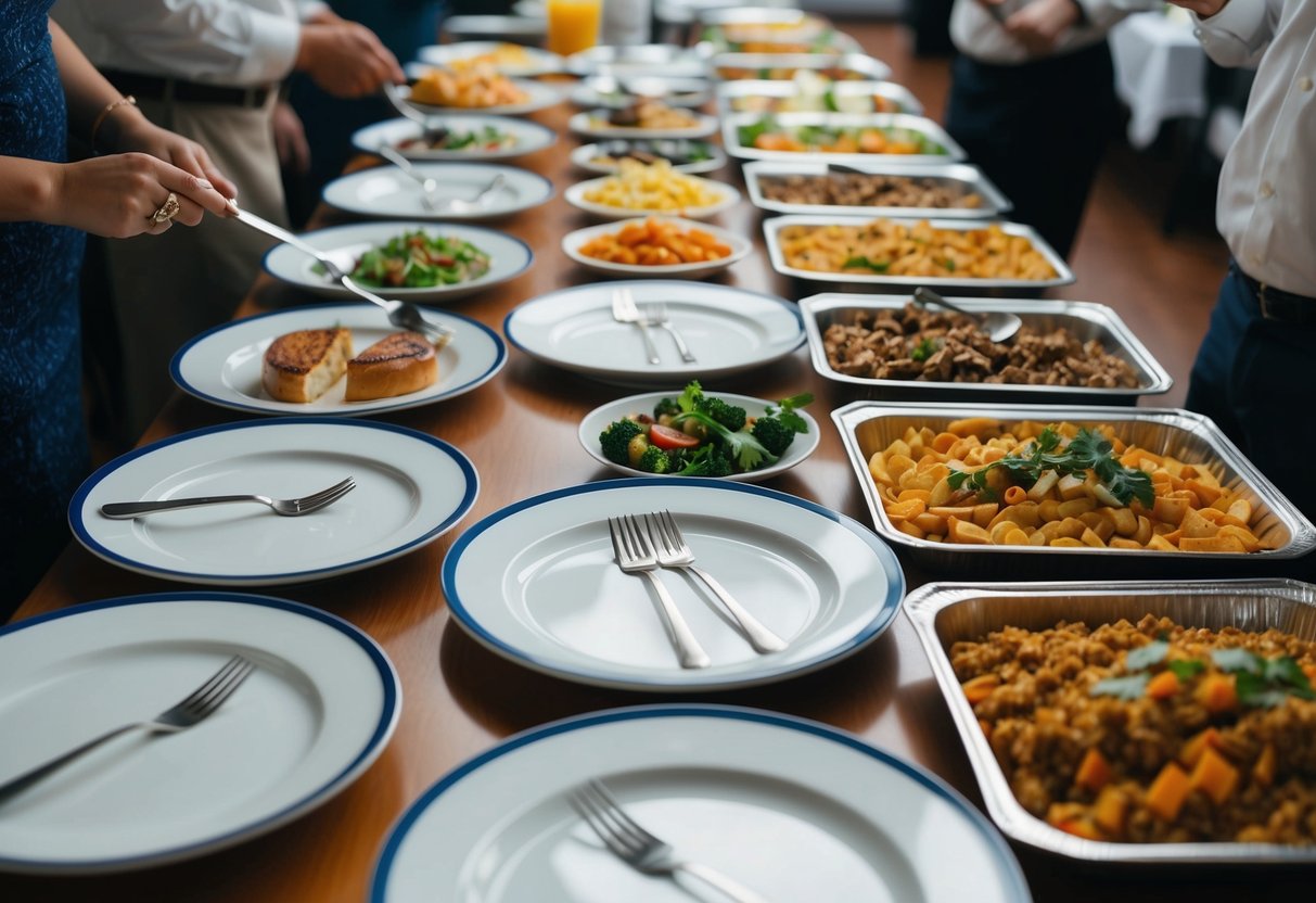 A table with 40 empty plates and utensils, surrounded by 10 trays of various foods