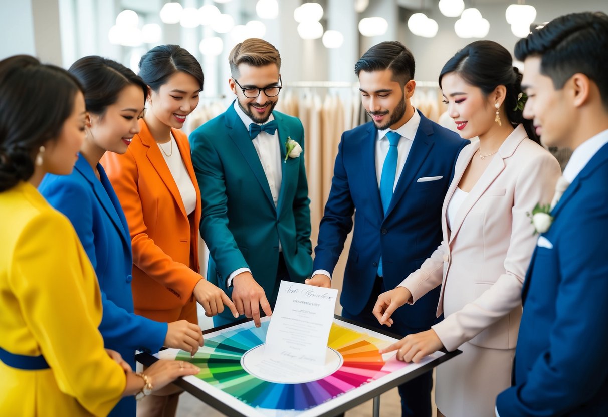 A group of people in various colored outfits standing around a wedding invitation, discussing and pointing to a color chart