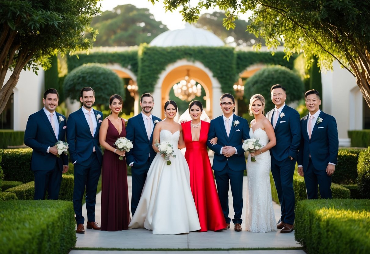 A group of elegantly dressed wedding guests, with one person wearing a striking red outfit, surrounded by a lush and romantic venue