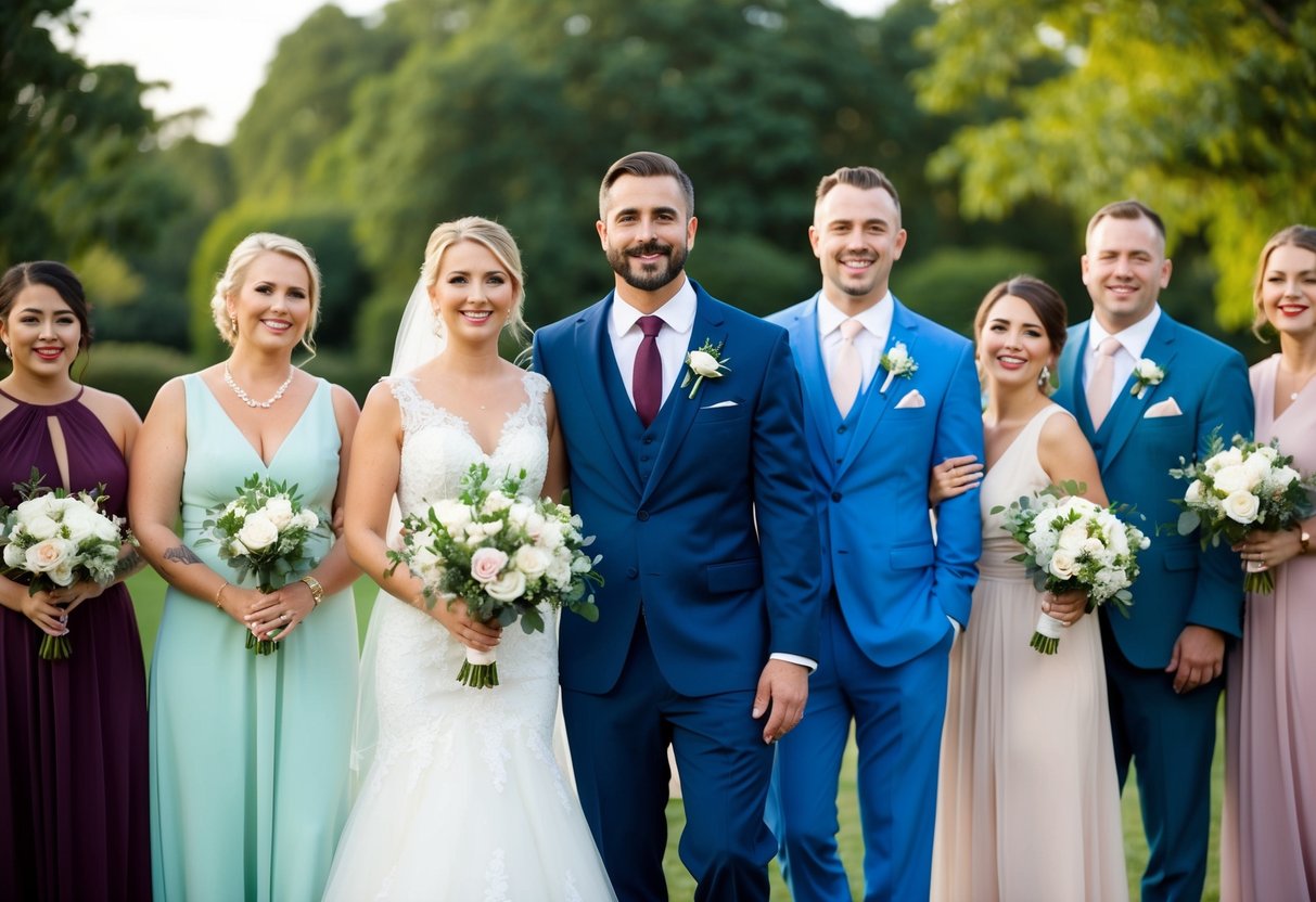 A group of wedding guests in various colored attire, with one guest wearing a color matching the wedding party