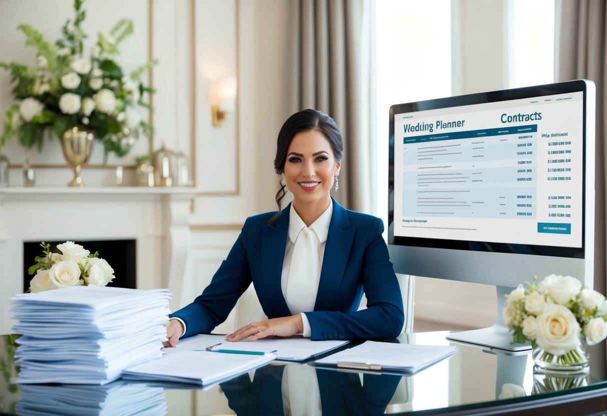 A wedding planner sits at a sleek desk, surrounded by elegant decor and a stack of contracts. A computer screen displays various pricing options and packages