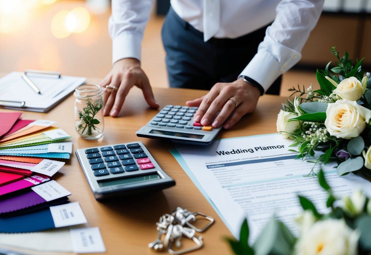 A wedding planner surrounded by color swatches, fabric samples, and floral arrangements, with a calculator and contract papers on the desk