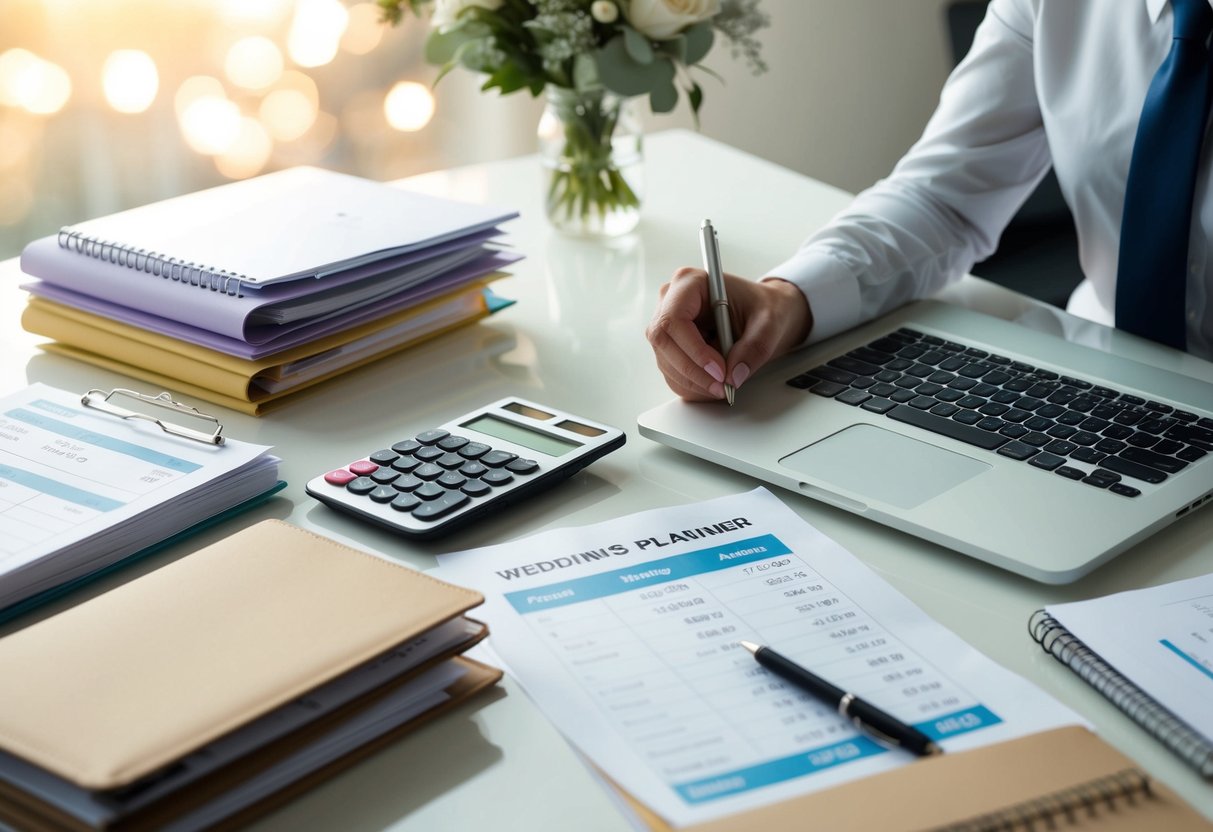 A wedding planner sits at a desk, surrounded by folders and a laptop. A calculator and paperwork are spread out, indicating the process of pricing and budgeting for a client's big day