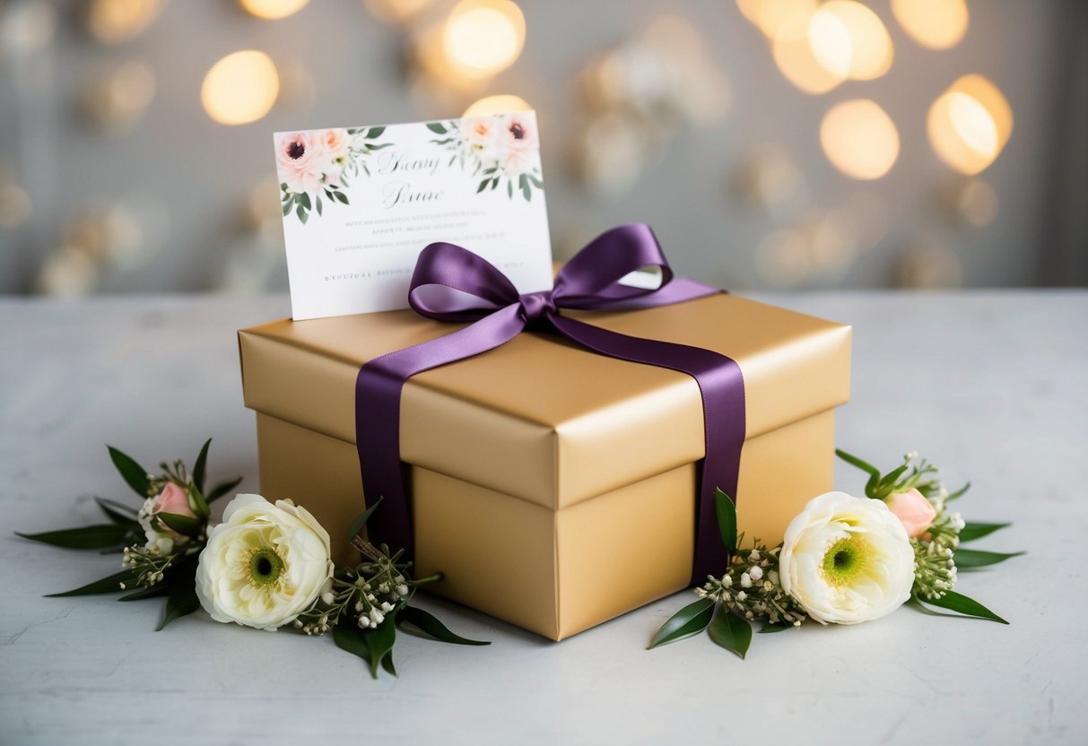 A beautifully wrapped gift box with a ribbon and bow, surrounded by floral decorations and a card with a wedding theme