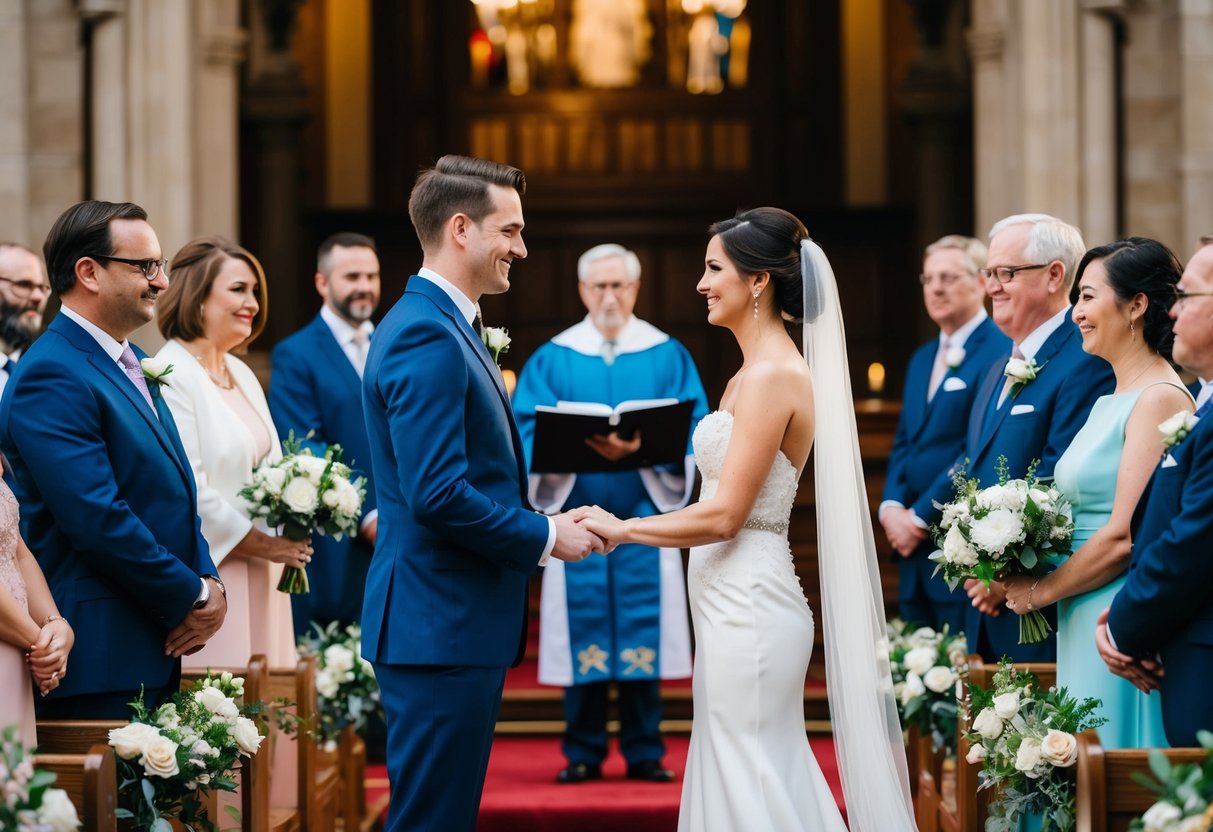 A couple standing at the altar exchanging vows while surrounded by friends and family. The parents are noticeably absent from the scene