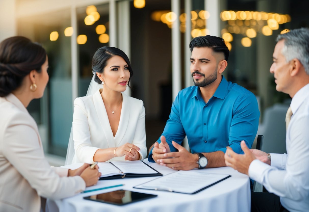 A couple sitting at a table with a wedding planner, discussing budget and space limitations. The couple looks conflicted while the planner offers suggestions