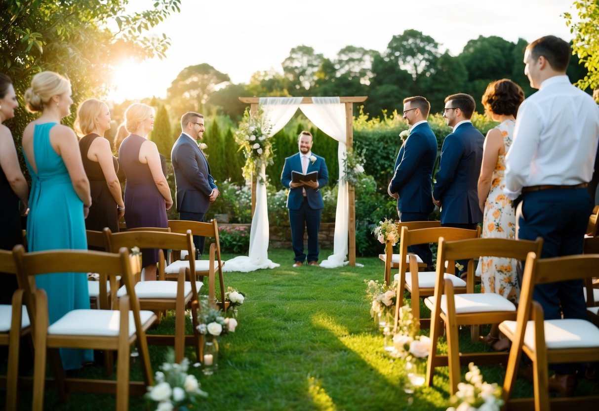 A small wedding ceremony in a cozy garden, with a simple arch and a few rows of chairs for guests. The sun is setting, casting a warm glow over the scene