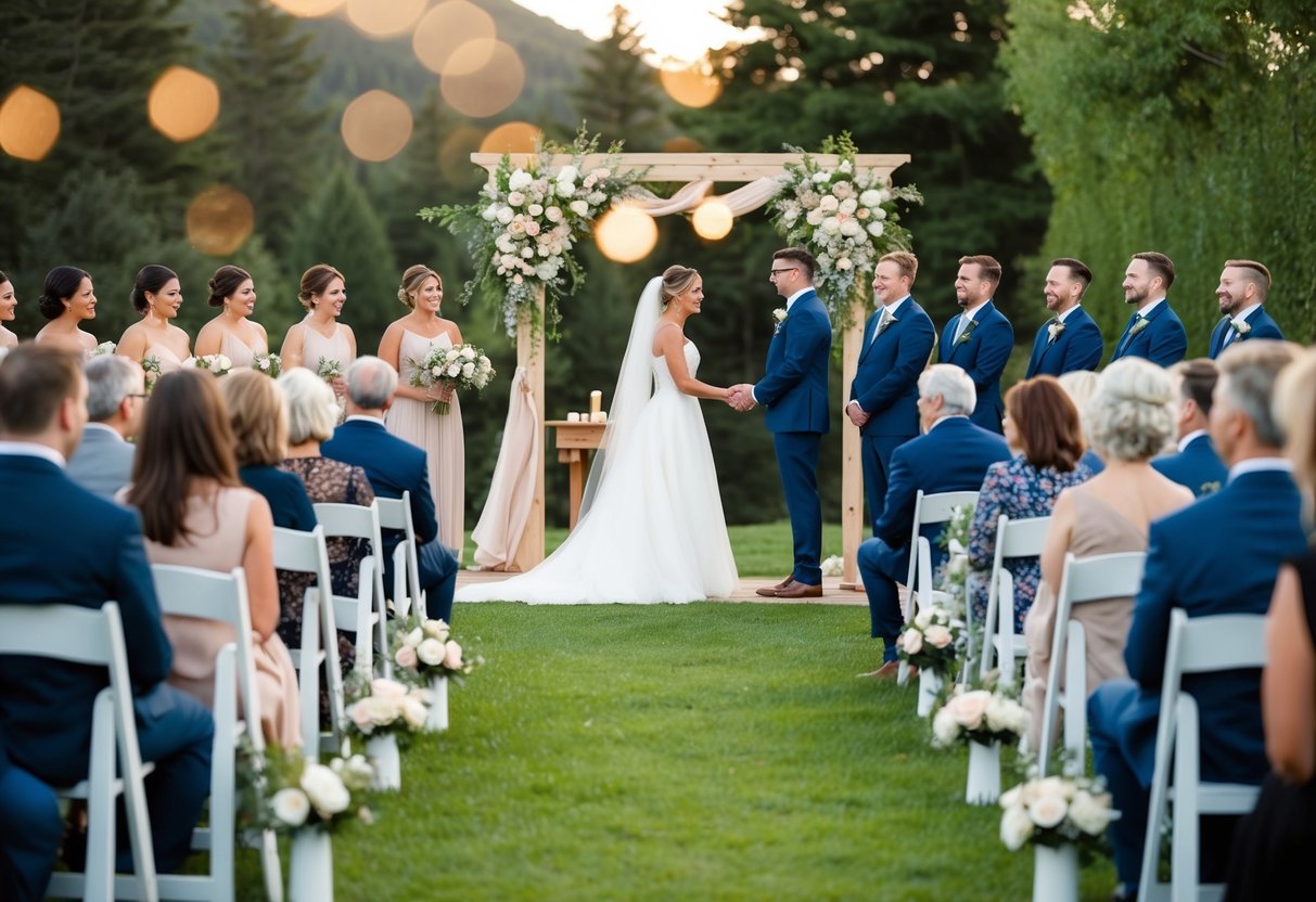 A cozy outdoor wedding with a small guest list, a simple altar, and beautiful floral decorations