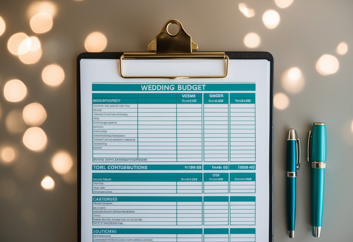 A wedding budget spreadsheet with categories for bride's parents' contributions