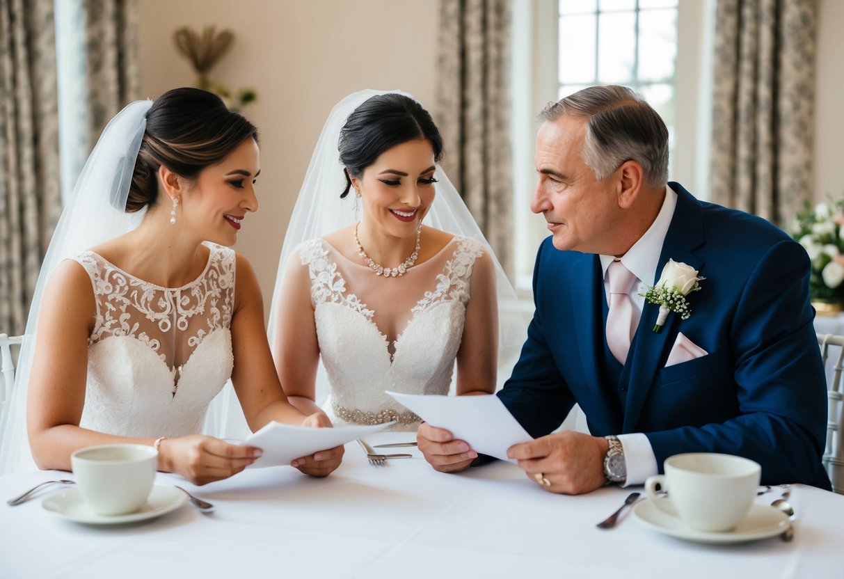 The bride's parents and groom's family discussing shared wedding expenses