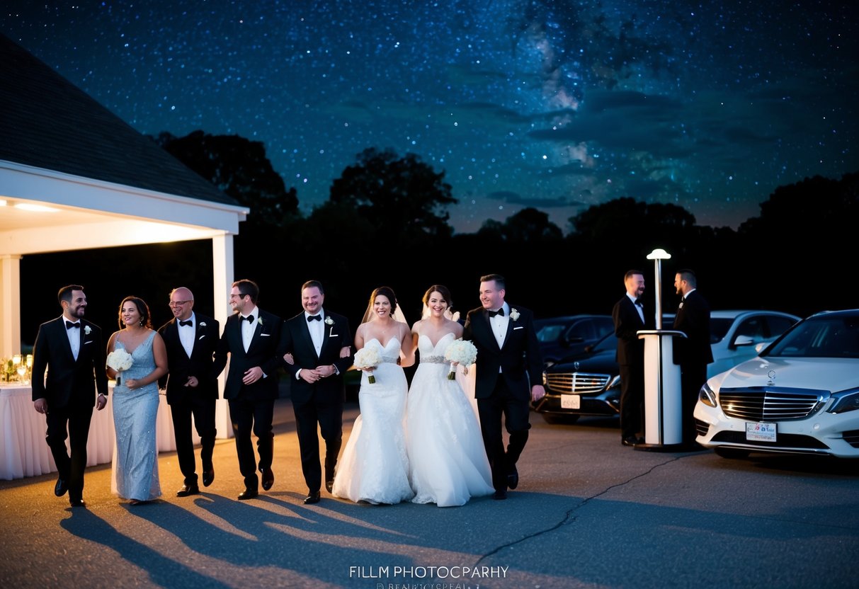 Guests exiting a wedding reception hall after dinner, under a starry night sky, with a valet stand and parked cars in the background