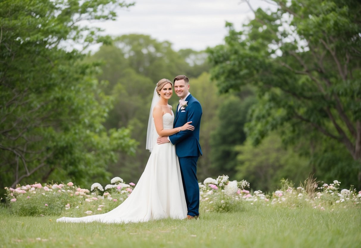 A bride and groom stand alone in a peaceful, natural setting, surrounded by flowers and trees