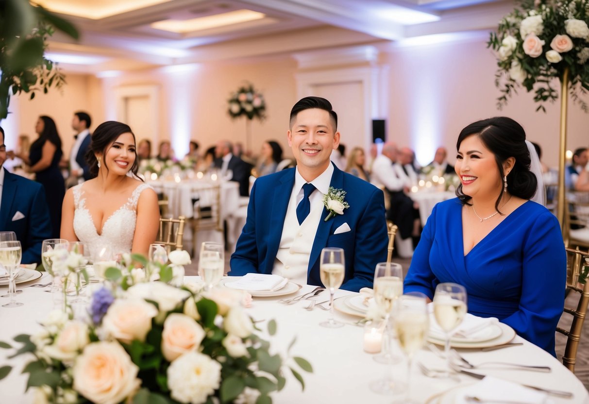 A guest wearing wedding colors at a reception, surrounded by floral decorations and elegant table settings