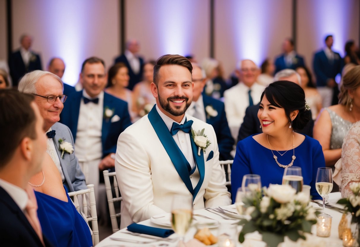 A guest wearing wedding colors at a reception, surrounded by other attendees in various attire