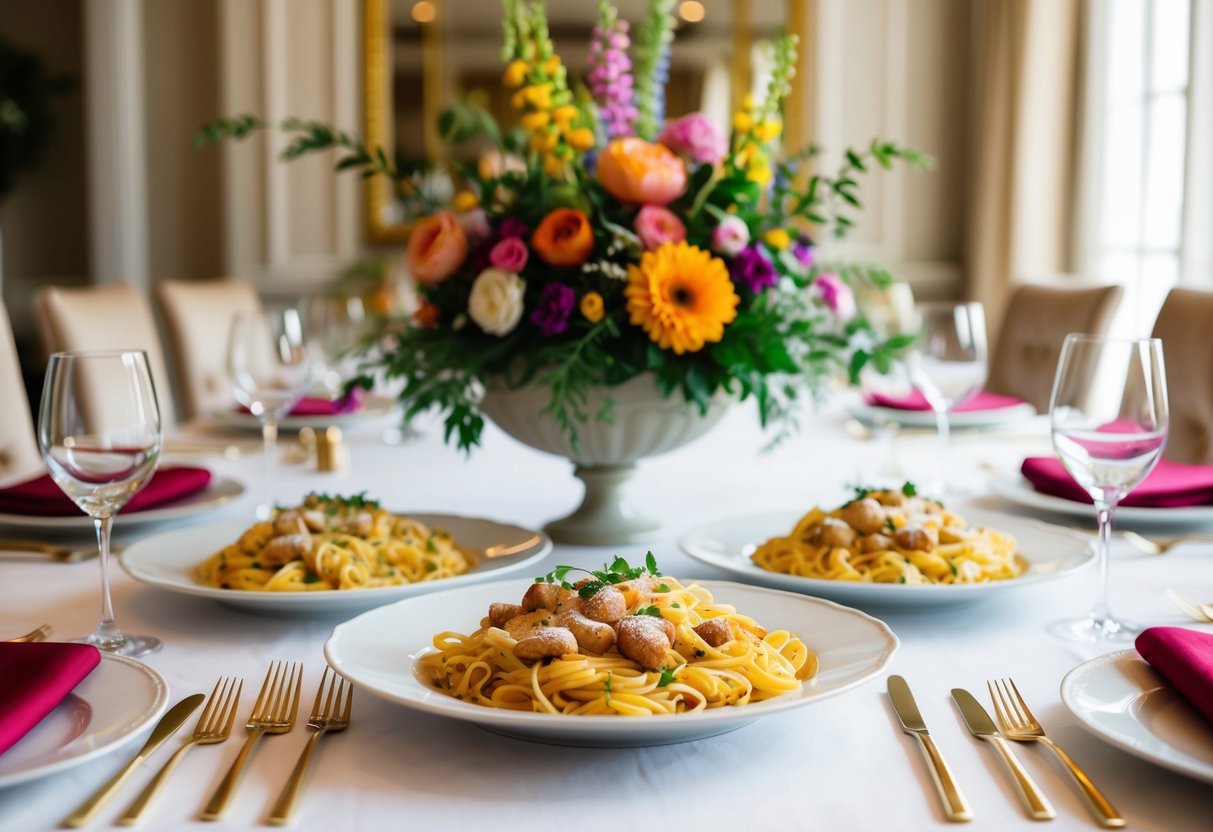A beautifully set table with elegant place settings and a large platter of pasta surrounded by colorful floral centerpieces