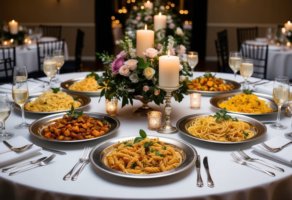 A beautifully set table with elegant place settings and a variety of pasta dishes displayed on silver platters, surrounded by floral centerpieces and soft candlelight