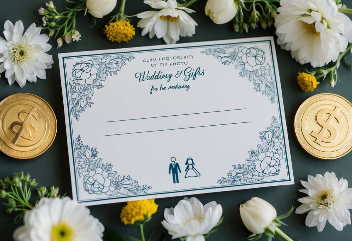 A decorative wedding card with a blank space for monetary gifts, surrounded by elegant flowers and symbols of love and unity