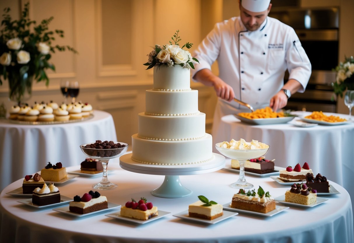 A wedding cake surrounded by an assortment of elegant desserts, with a chef preparing a pasta dish in the background