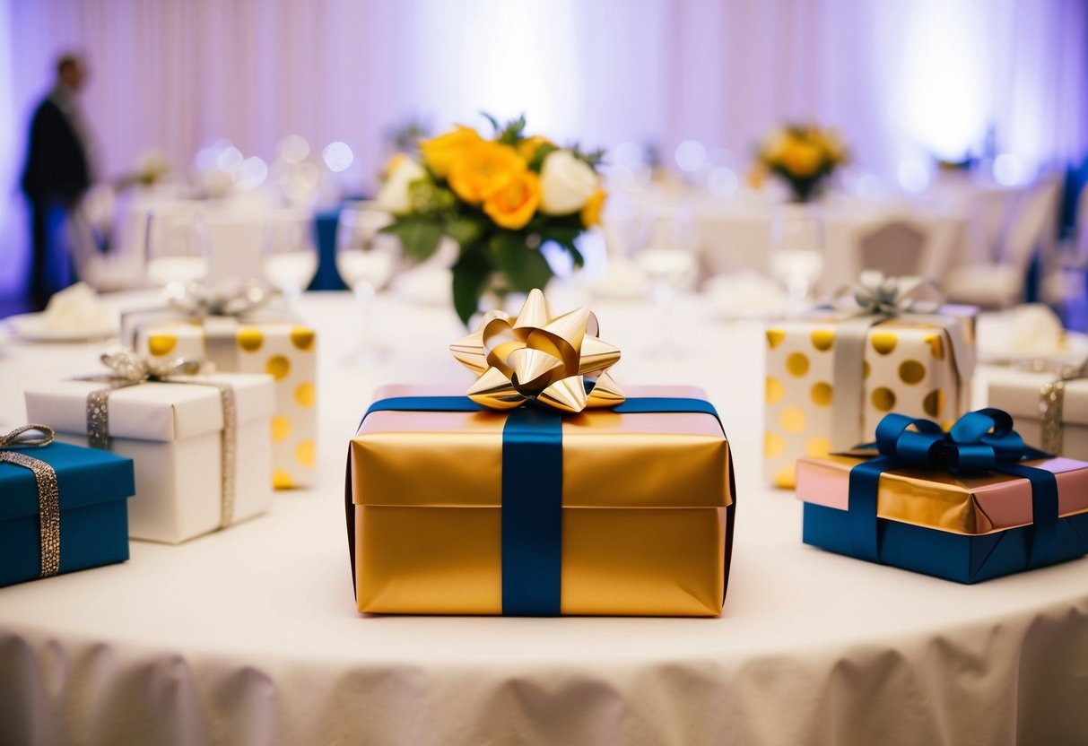 A beautifully wrapped gift sits alone on a table at a wedding reception, surrounded by other presents