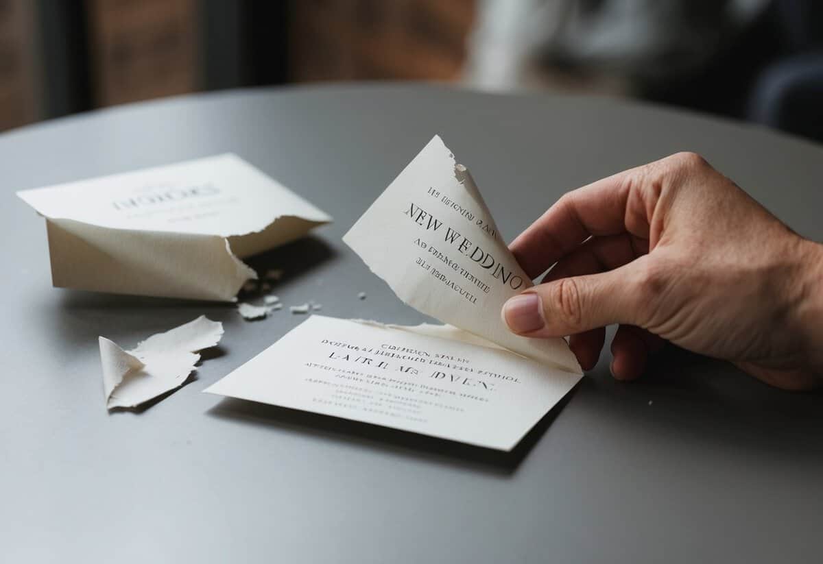 A wedding invitation torn in half, with one piece discarded on a table and the other held in someone's hand