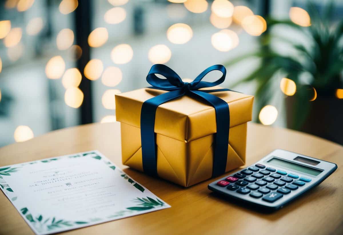A wrapped gift box with a ribbon sits on a table next to a wedding invitation and a calculator