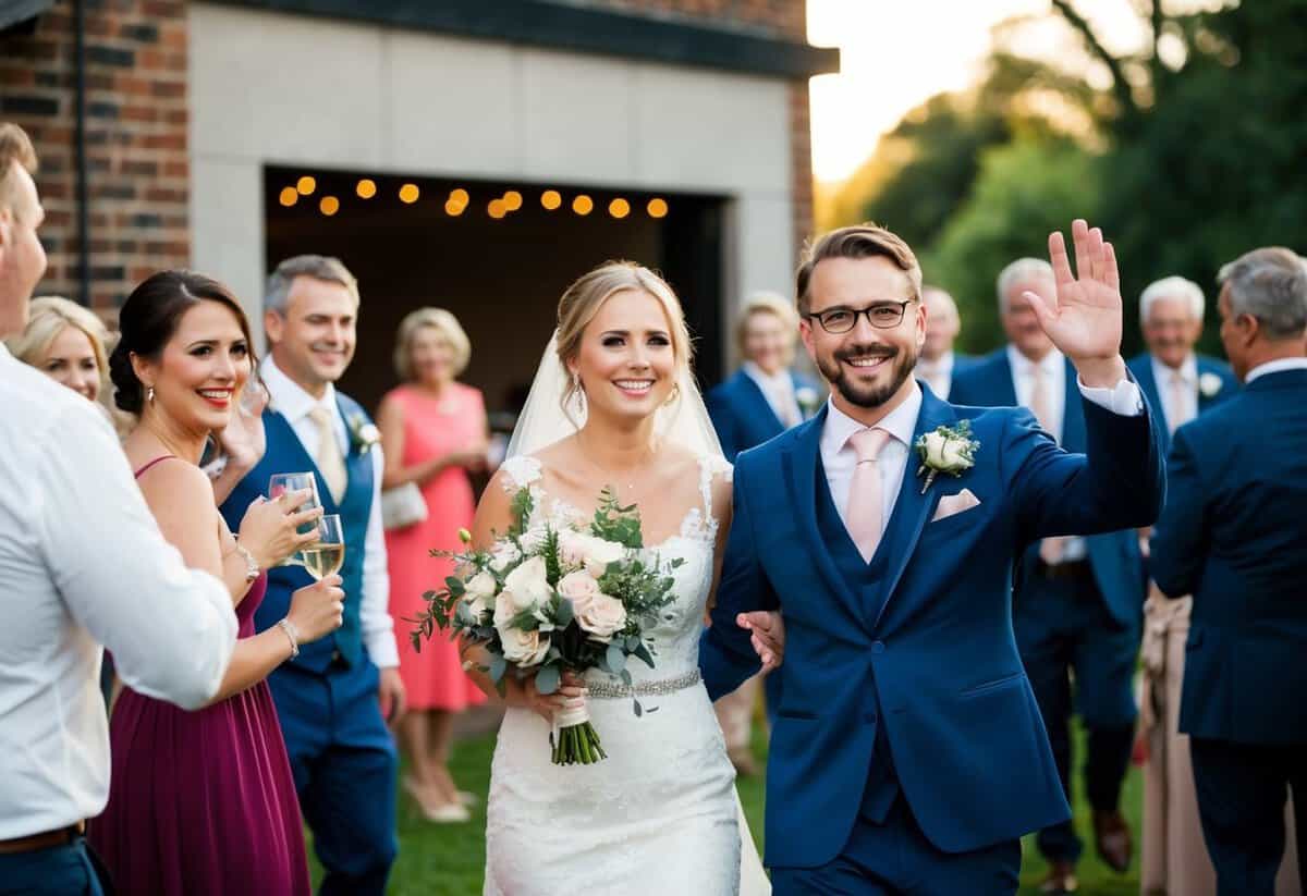 Guests leaving reception, bride and groom waving goodbye, smiles on their faces