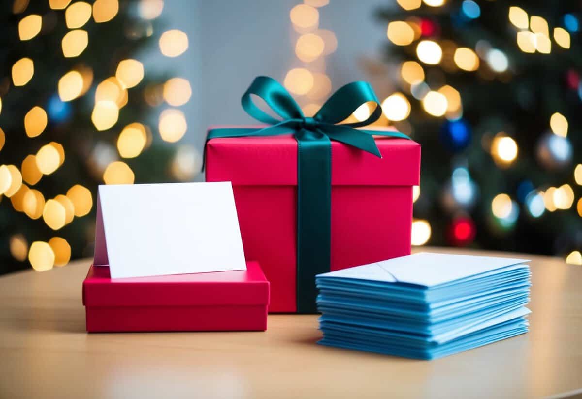 A gift box with a ribbon and a card placed on a table next to a wrapped present and a stack of envelopes