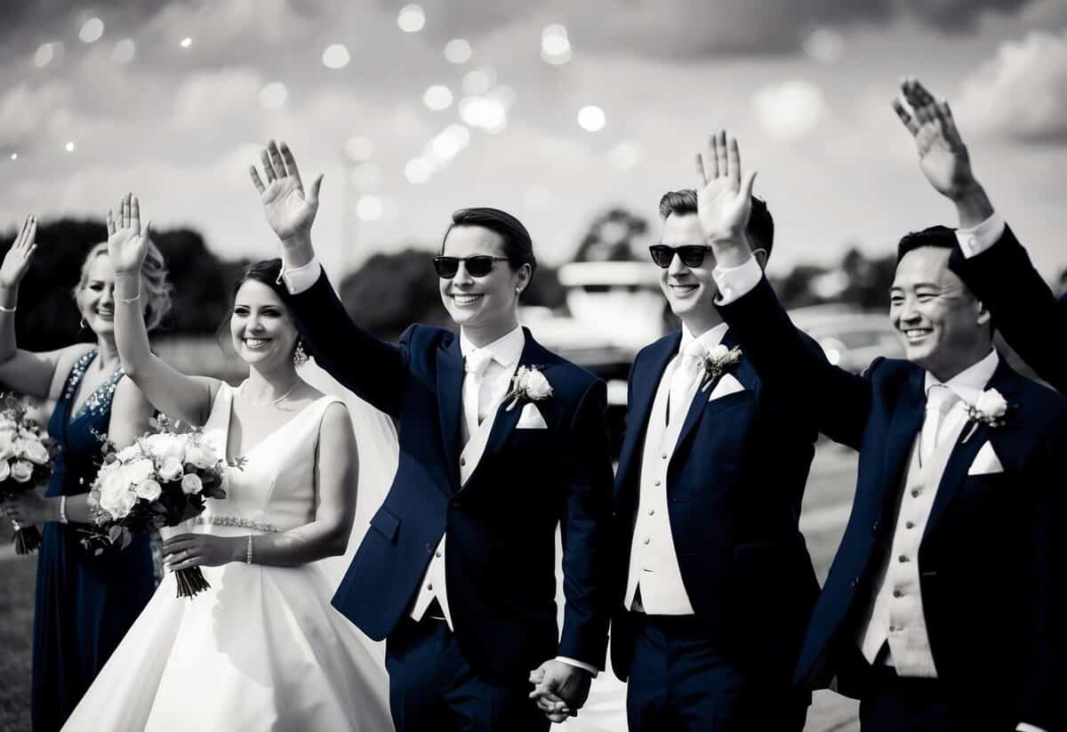 Guests waving farewell at the departing bride and groom, with smiles and well-wishes